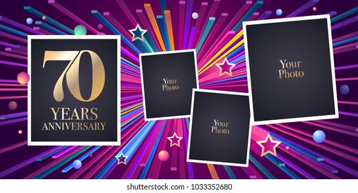 70 years anniversary vector icon, logo. Design element, greeting card with collage of photo frames  for 70th anniversary 