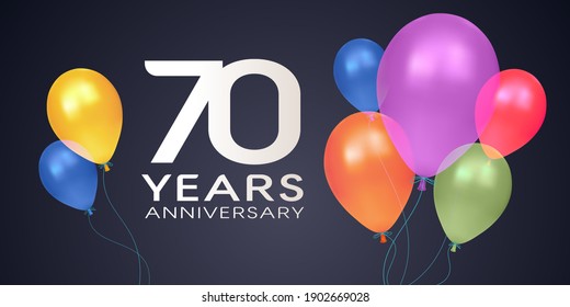 70 years anniversary vector icon, logo, banner. Horizontal design element with air balloons on isolated background for 70th anniversary