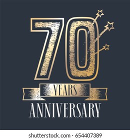 70 years anniversary vector icon,  logo. Graphic design element with ribbon and golden color and grunge texture number for 70th anniversary ceremony