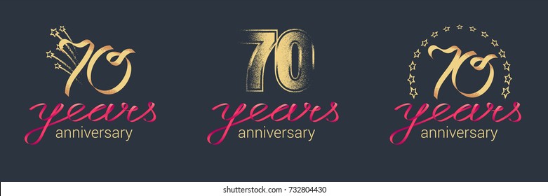 70 Years Anniversary Vector Icon,  Logo Set. Graphic Design Element With Lettering And Red Ribbon For  Celebration Of 70th Anniversary 