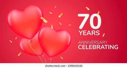 70 years anniversary vector logo, icon. Template banner with 3d red air balloons for 70th anniversary marriage greeting card 