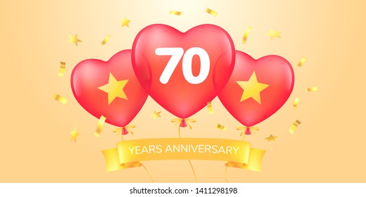 70 years anniversary vector logo, icon. Template banner with hot air balloons for 70th anniversary greeting card 