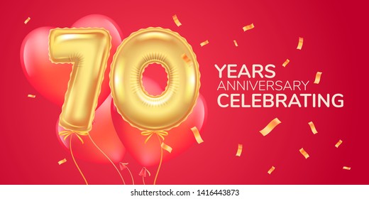 70 years anniversary vector logo, icon. Template banner with heart  air hot balloon for 70th anniversary greeting card 
