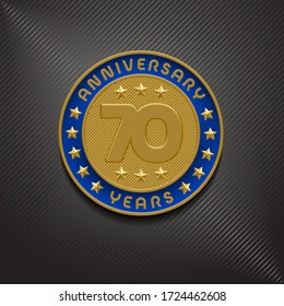 70 years anniversary vector logo, icon. Graphic symbol with golden medal for 70th anniversary greeting card