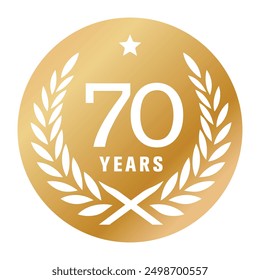 70 years anniversary vector logo, icon. Graphic element with golden color medal for 70th anniversary greeting card