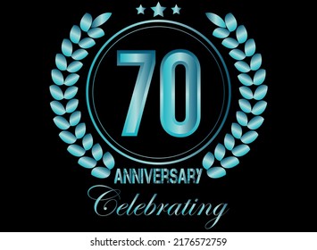 70 years blue sapphire anniversary logo, with shiny ring and laurel wreath isolated on black background, vector design.