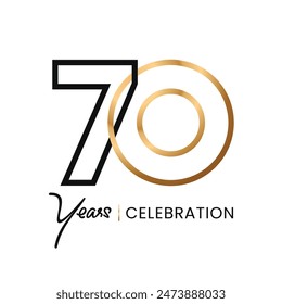 70 years Celebration minimalist line Gold logo abstract Design. Anniversary luxury style. Vector number for icon, label, insigna, seal, tag, sign, seal, symbol, badge, stamp, sticker, emblem, etc.