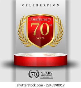 70 years gold anniversary celebration logo with 3d red cylinder podium , isolated on grey background