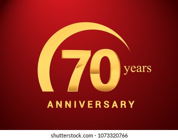 70 years golden anniversary logo with golden ring isolated on red background, can be use for birthday and anniversary celebration.