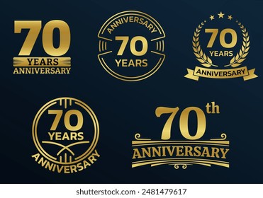 70 years icon or logo set. 70th anniversary celebrating golden sign or stamp. Jubilee, birthday celebration design element. Vector illustration.