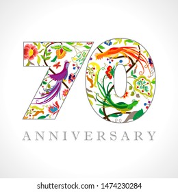 70 years old logotype. 70 th anniversary numbers. Decorative symbol. Age congrats with peacock birds. Isolated abstract graphic design template. Royal coloured digits. Up to 70% percent off discount.