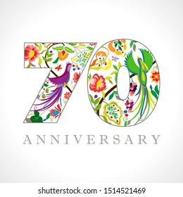 70 years old logotype. 70 th anniversary numbers. Decorative symbol. Age congrats with peacock birds. Isolated abstract graphic design template. Royal colorful digits. Up to 70% percent off discount.