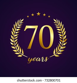70 years old luxurious logotype. Congratulating 70th, 7th numbers in circle of palms, cup template. Isolated sign greetings symbol, celebrating traditional stained-glass decorative retro style ear.