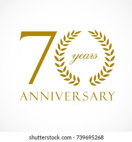 70 years old luxurious logotype. Congratulating 70th, 7th numbers, letter O as circle of palms tree, cup template. Isolated sign greetings symbol, celebrating traditional decorative retro style ear.