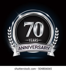 70 years silver anniversary logo with laurel wreath, ribbon and silver ring. vector design
