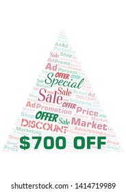 $700 Off word cloud. Wordcloud made with text only.