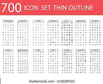 700 Vector illustration of thin line icons for business, social media, technology,Christmas,Halloween , labor ,restaurant, medicine, travel, weather, construction, arrow. Linear symbols set