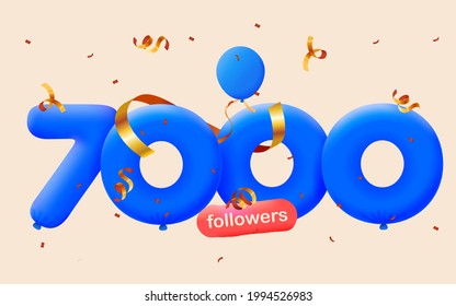 7000 followers thank you 3d blue balloons and colorful confetti. Vector illustration 3d numbers for social media 7K followers, Thanks followers, blogger celebrates subscribers, likes