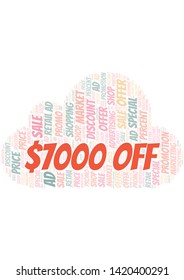 $7000 Off word cloud. Wordcloud made with text only.