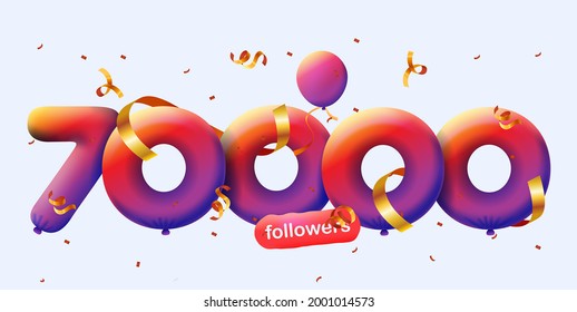 70000 followers thank you 3d blue balloons and colorful confetti. Vector illustration 3d numbers for social media 70K followers, Thanks followers, blogger celebrates subscribers, likes