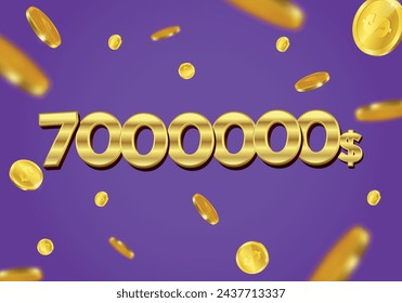 7000000 Dollar Geschenk oder Angebot Poster mit fliegenden Goldmünzen. Sieben Millionen Dollar Gutschein, Cash Back Banner Sonderangebot, Casino Gewinner. Vektorgrafik.