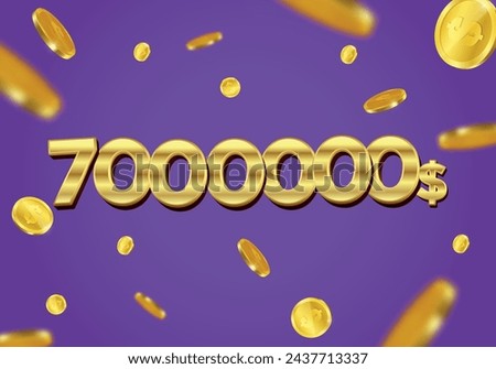 7000000 Dollar gift or offer poster with flying gold coins. Seven Million Dollars coupon voucher, cash back banner special offer, casino winner. Vector illustration.