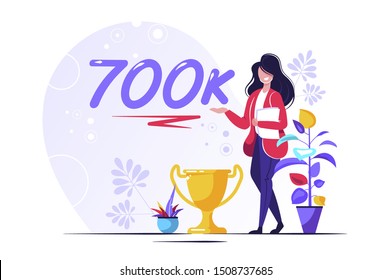 700K Followers Isometric Vector Concept, Group of business people are gathered together in the shape of 70000 word, for web page, banner, presentation, social media, Crowd of little people. teamwork