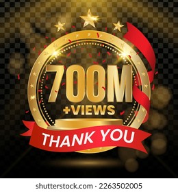 700M+ Views Logotype with Gold and red Confetti Isolated on Black Background(PNG), Vector design for video display celebration.