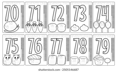 70-79 Learning for kids Tracing Numbers Worksheet Black and white illustration