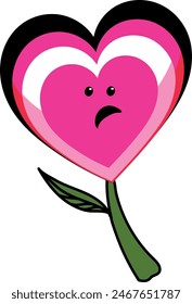 70-80s style cute character. Y2k pink groovy heart flower with sadness face. Hippie love. Trendy y2k patche emoticon groovy print design for poster, card, tshirt, Textile, Web Design, Social Media.