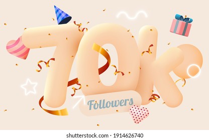 70k or 70000 followers thank you Pink heart, golden confetti and neon signs. Social Network friends, followers, Web user Thank you celebrate of subscribers or followers and likes. Vector illustration