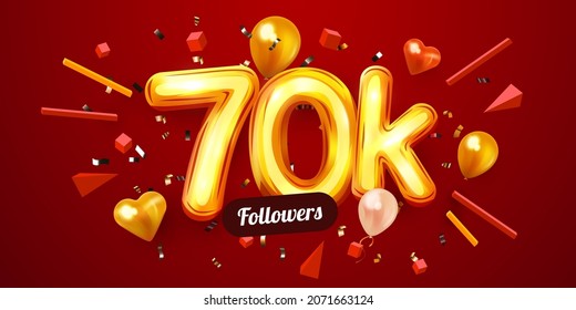 70k or 70000 followers thank you. Golden numbers, confetti and balloons. Social Network friends, followers, Web users. Subscribers, followers or likes celebration. Vector illustration
