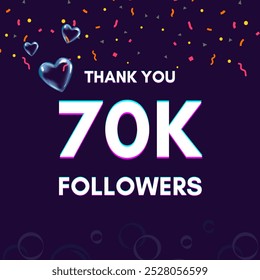 Plantilla de texto "70k followers" para dar las gracias después de lograr el hito en los sitios de redes sociales.
