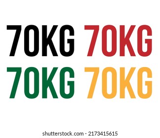 70 kg Text. Vektorgrafik mit einem Wert in Kilogramm schwarz, rot, grün und orange auf weißem Hintergrund.