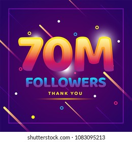 70m or 70000000 followers thank you colorful background and glitters. Illustration for Social Network friends, followers, Web user Thank you celebrate of subscribers or followers and likes