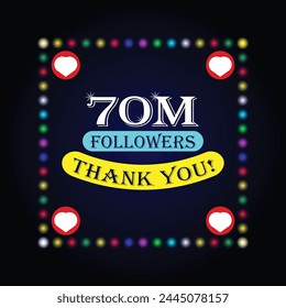 70M followers thank you greeting card with colorful lights on dark background. Colorful design for social network, social media post background template.