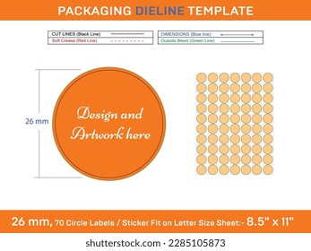 70pcs 26 mm CIRCLE or ROUND label sticker dieline template 