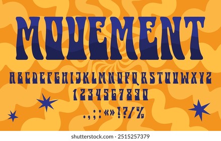 Fuente psicodélica hippy de los años 70 o 60 de tipo retro con tipografía groovy, alfabeto vintage de Vector. Letras de fuente psicodélicas con efecto de distorsión o ilusión óptica trippy warp para 70s o 60 tipo hippie