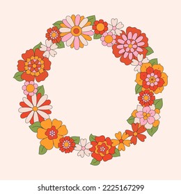 70s 60s retro wreath of hippie daisy flowers. Floral round frame isolated on white background. Hand-drawn illustration in vintage boho style