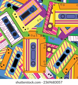 70's, 80's cassette tape vintage retro background. Fashionable poster simple graphic old style with heart and flash.