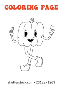 70s, 80s groovy coloring page, retro print with line hippie pumpkin. Cartoon psychedelic landscape, vintage funky print. Halloween vibe, trick or treat, holiday 31 october.