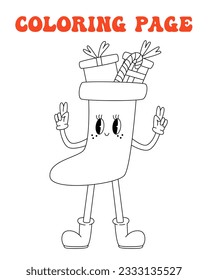 70s, 80s groovy coloring page, retro print with line cute sock with gift box. Printable worksheet with solution for school and preschool. Christmas holiday, happy new year.