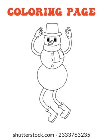 70s, 80s groovy coloring page, retro print with line cute snowman. Printable worksheet with solution for school and preschool. Christmas holiday, happy new year. Vector cartoon illustration.