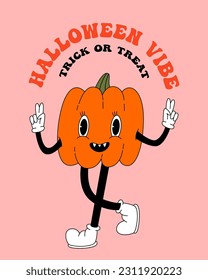 70s, 80s groovy posters, retro print with hippie pumpkin. Cartoon psychedelic landscape, vintage funky print. Halloween vibe, trick or treat, holiday 31 october.