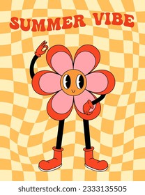 70s, 80s groovy posters, retro print with hippie flower. Cartoon psychedelic landscape, vintage funky print. Summer vibe text, holiday.