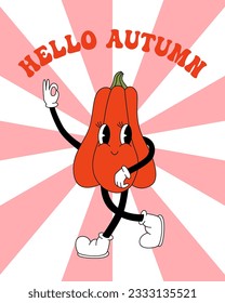 70s, 80s groovy posters, retro print with hippie pumpkin. Cartoon psychedelic landscape, vintage funky print. Hello autumn text, fall vibe, halloween holiday.