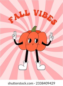 70s, 80s groovy posters, retro print with hippie pumpkin. Cartoon psychedelic landscape, vintage funky print. Fall, autumn vibe, halloween.