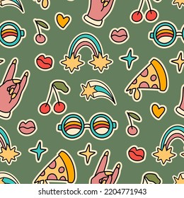 70s 80s groovy retro seamless vector pattern. Cartoon hand, pizza, rainbow sticker retro summer psychedelic funky cute background