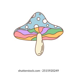 70s 80s hippie symbol, retro groovy mushroom. Retro hippie isolated vector amanita, groovy psychedelic mushroom or cartoon magic fairytale toadstool. Vintage funky symbol