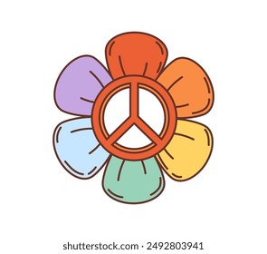 70s, 80s retro cartoon groovy flower with peace sign and rainbow petals, vector hippie daisy symbol. Hippie flower power for peace and love in groovy retro cartoon for good positive vibes and peace